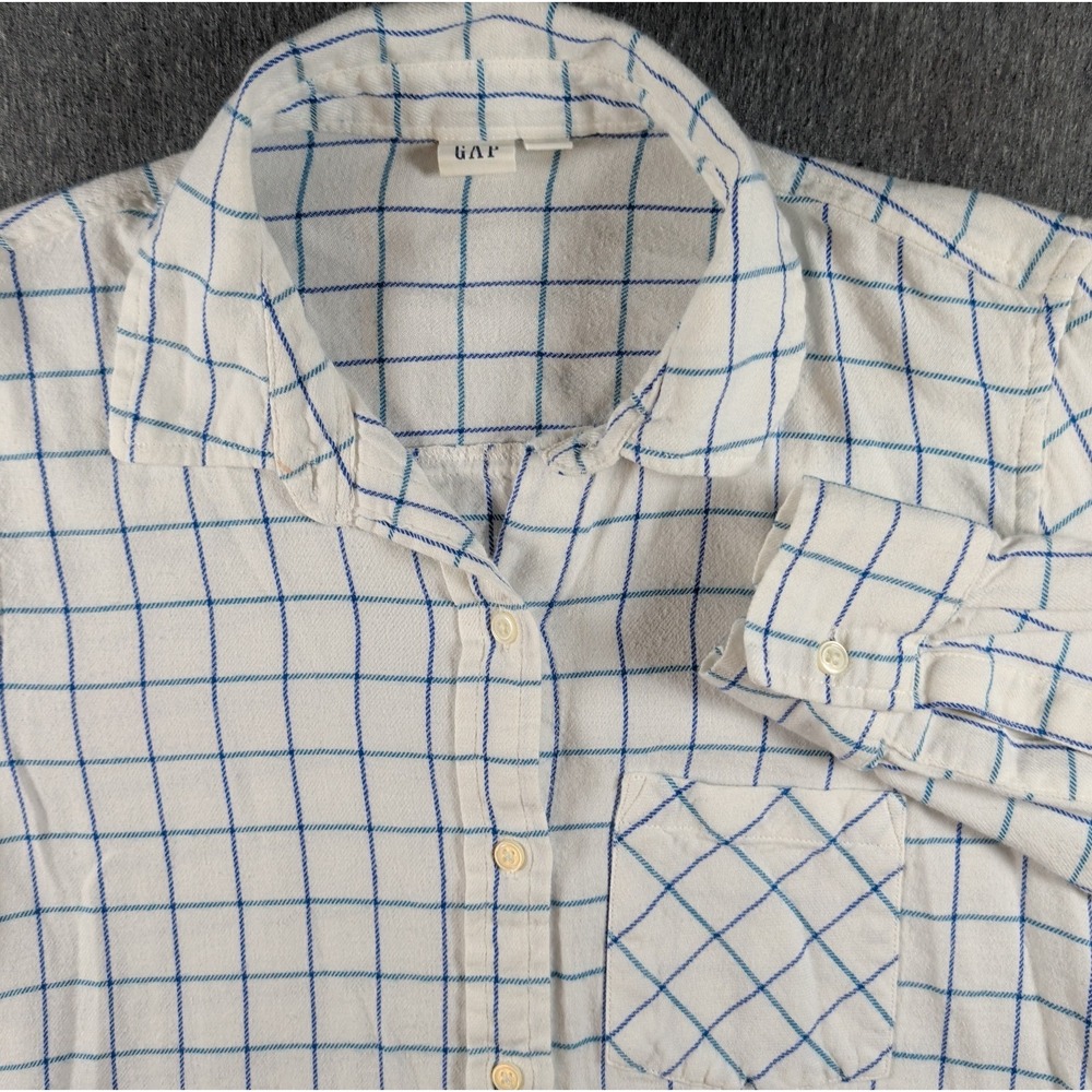 GAP Window Plaid Flannel Button Shirt Womens Sz S White Blue Teal Casual Light